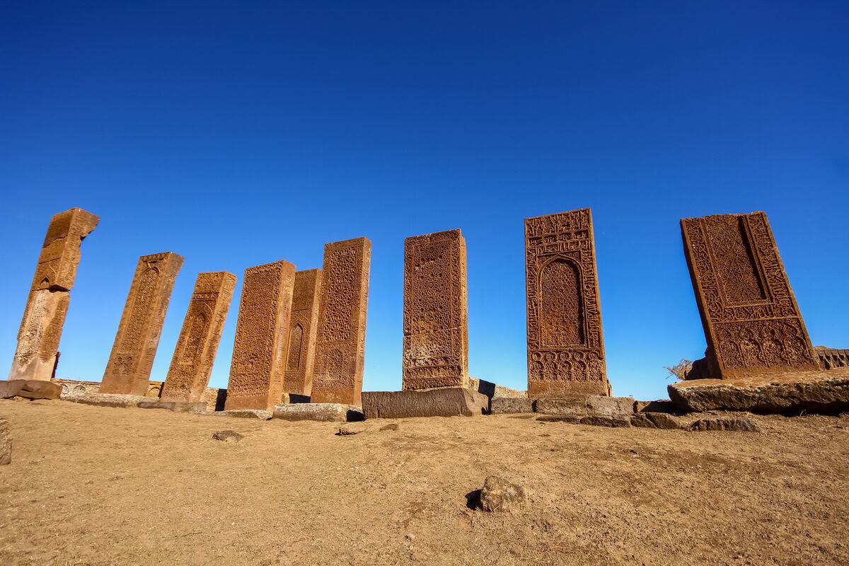 Ahlat Selçuklu Meydan Mezarlığı’nda mavi gökyüzüne yükselen oymalı şahideler